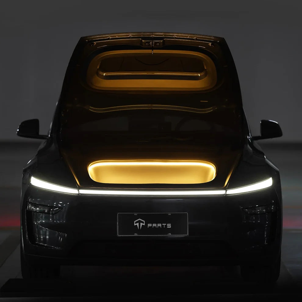 Tesla Model Y Frunk LED Strip – front view with warm white light