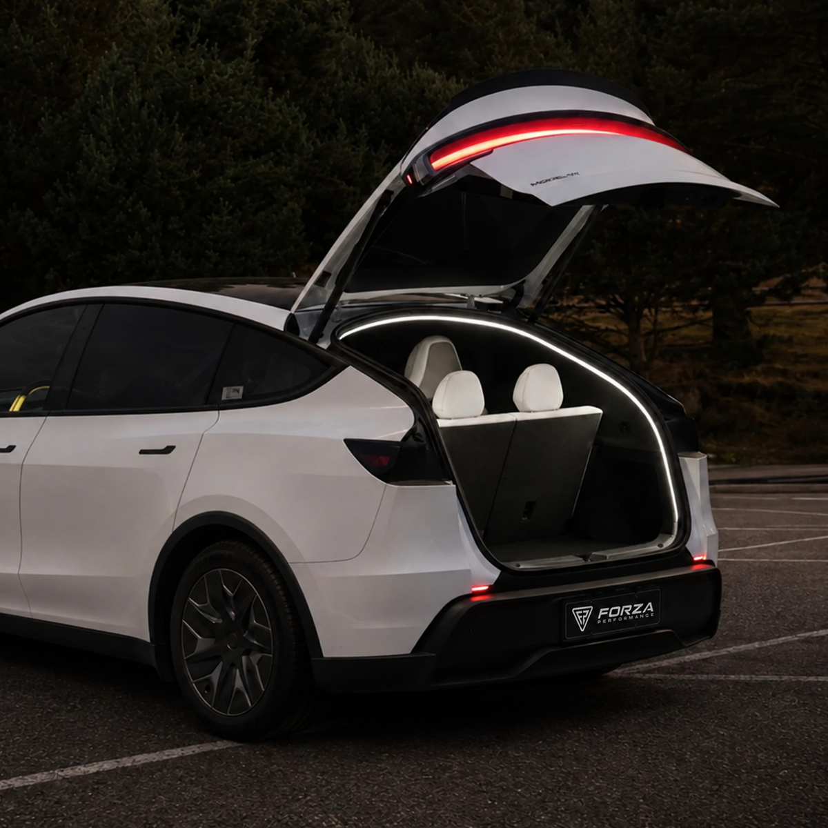 Tesla Model Y L Dual-Mode Trunk LED Strip – rear view with open trunk