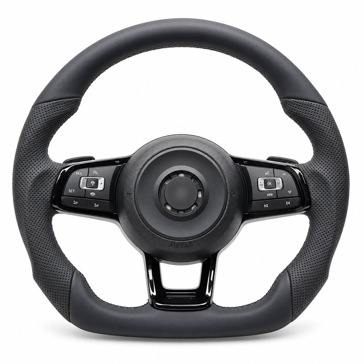 Volkswagen GTI-Style Sport Steering Wheel – Black Trim on white background; centre logo blurred