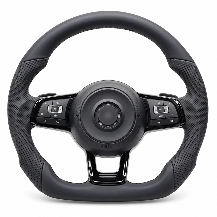 Volkswagen GTI-Style Sport Steering Wheel – Black Trim on white background; centre logo blurred