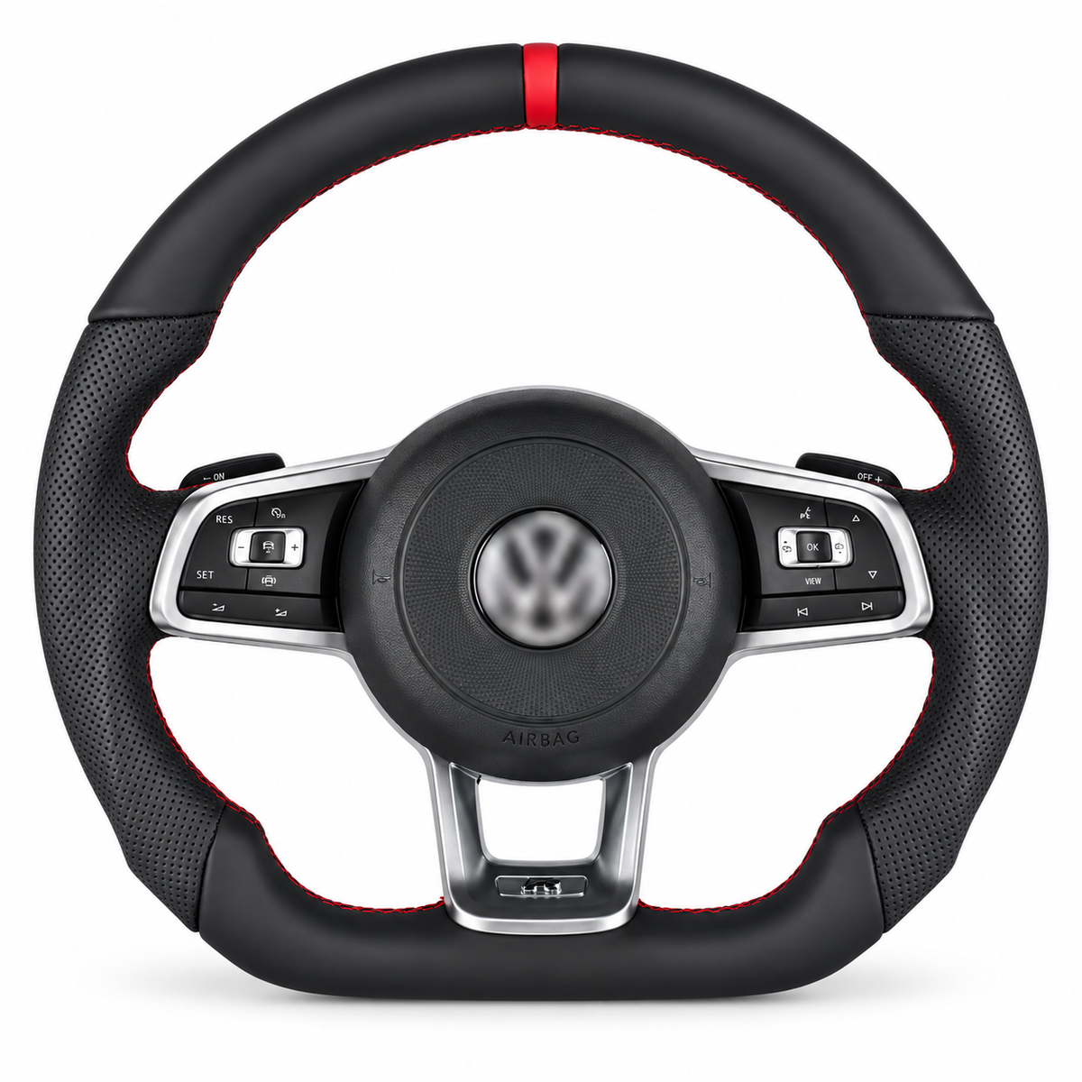 vw gti silver trim red stripe steering wheel on white background, centre emblem blurred