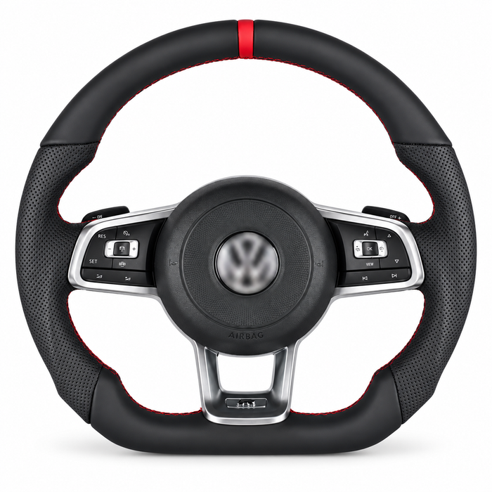 vw gti silver trim red stripe steering wheel on white background, centre emblem blurred